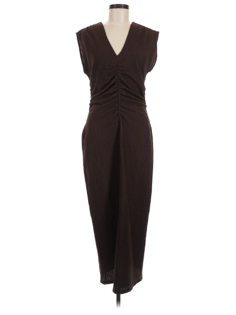 LOFT Sleeveless V-Neck Ruched Midi Dress - Size M - Brown